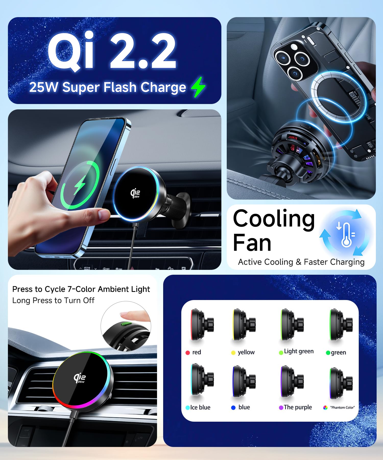 Supporto per telefono a doppia tazza per auto, può contenere 2 telefoni contemporaneamente, Qi2.2 Max 25 W Fast Wireless Car Charger Phone Mount, supporto per tazza, compatibile con MagSafe