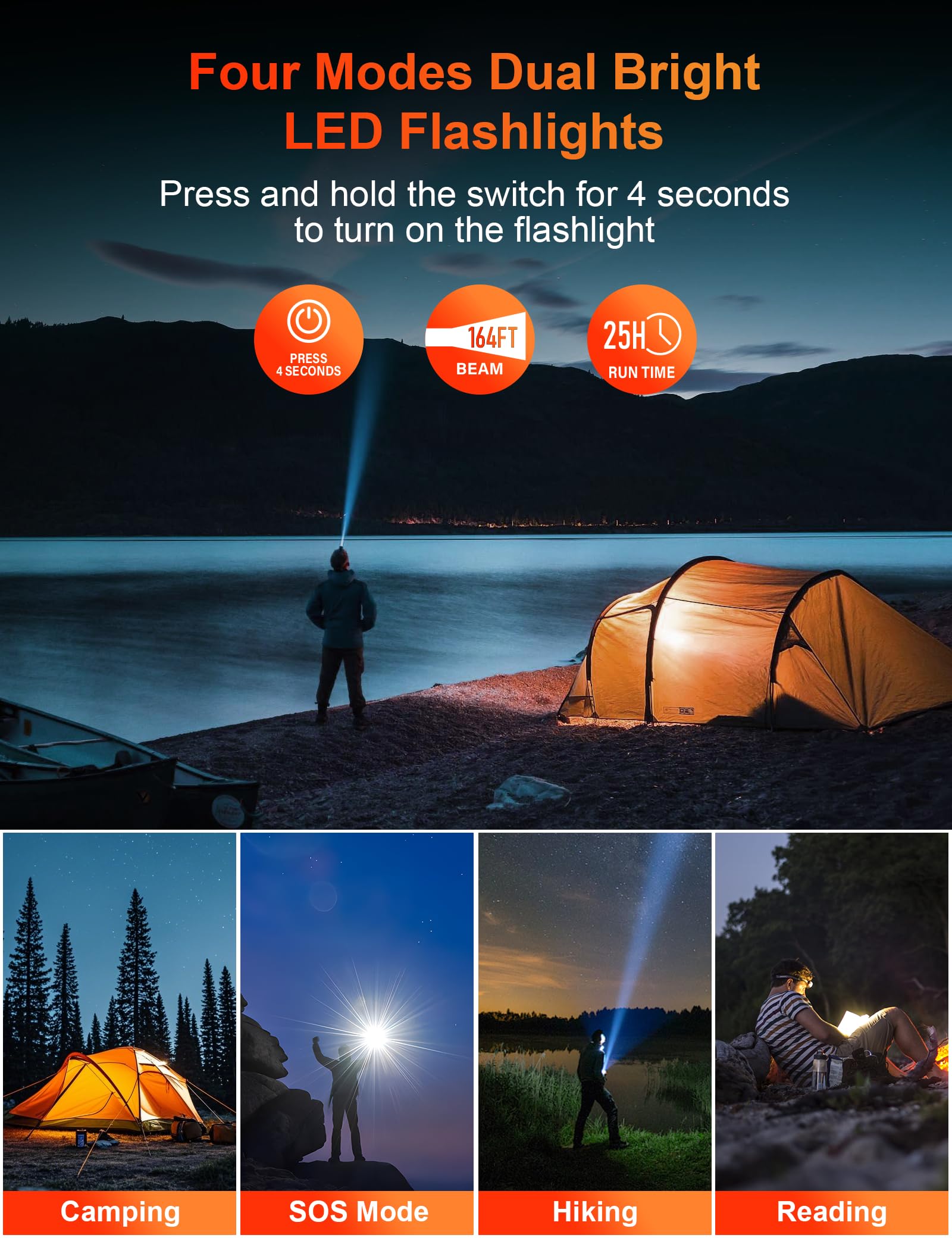 Cargador solar, batería externa de carga rápida PD de 20 W, cargador de teléfono portátil de 40000 mAh, 4 cables integrados con linternas dobles brillantes para camping, senderismo y uso al