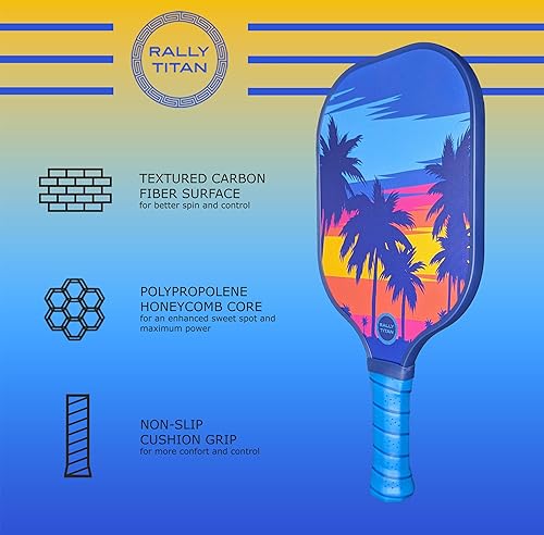 Miniatura 8 de Paleta de pickleball  Superficie de fibra de carbono texturizada T300  Núcleo compuesto de nido de abeja de polipropileno  Agarre acolchado  Paleta
