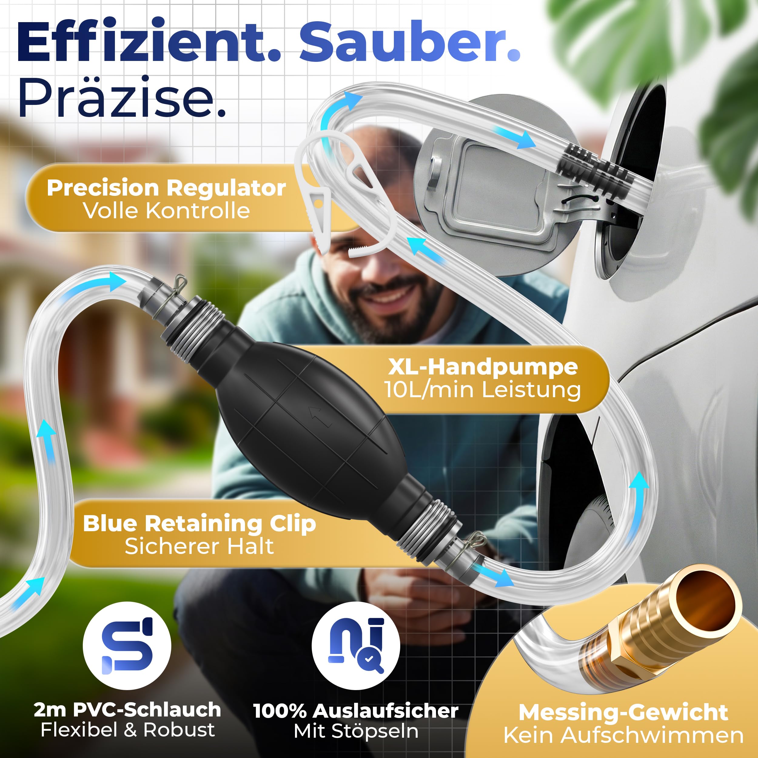 XL Handpumpe Umfüllpumpe 2 Meter Schlauch – Tragbare Ölabsaugpumpe & Kraftstoffpumpe mit Flüssigkeitsregler & Stöpsel – Schlauchpumpe für Wasser Benzin Diesel Öl – Inkl. Aufbewahrungstasche
