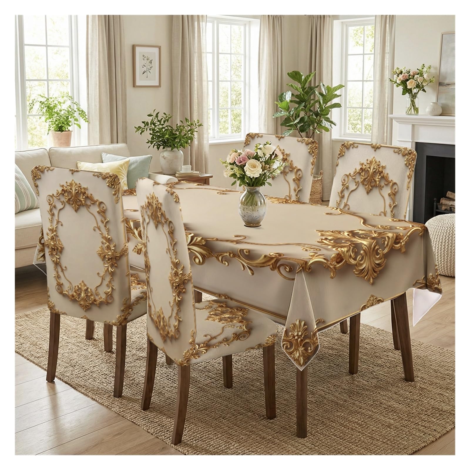 KXUAUV Cream & Gold Baroque Print Tablecloth & Chair Covers Set, Slipcovers For Dining Room, Kitchen, Wedding & Luxury Decor, 5/7 Pack Party Decor(5pcs Set: Tablecloth+Chair Covers)