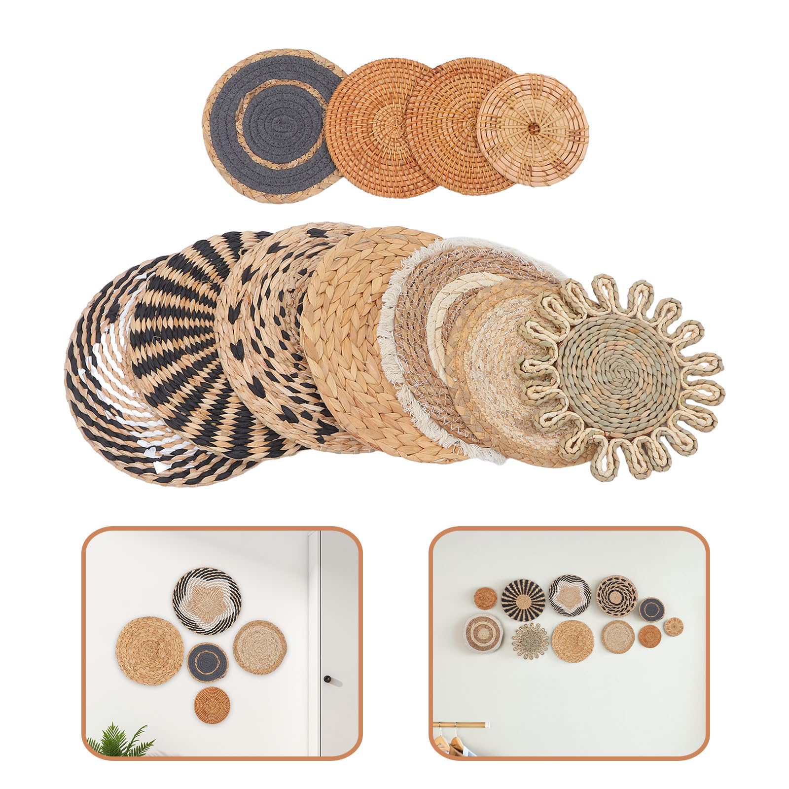 11 Stück Boho Wanddeko aus Stroh, Rund, Handgefertigt, Weiß