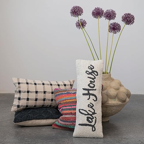 Miniatura 4 de Creative Co-Op Almohada lumbar de algodón con bordado de rejilla, multicolor