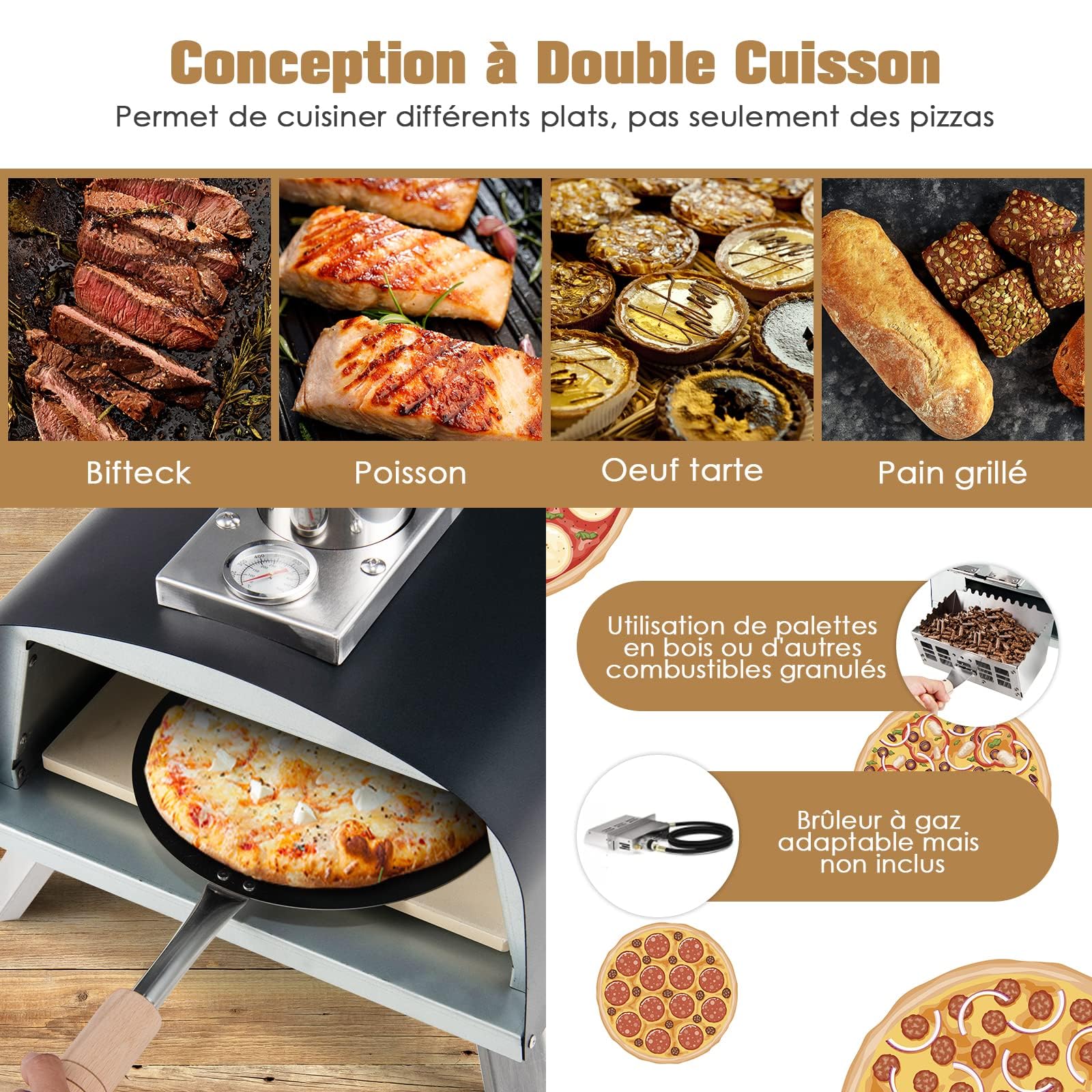 GYMAX Four à Pizza à Bois ou à Pellet Extérieur, Thermomètre, 450 ℃, Pierre à Pizza φ33CM