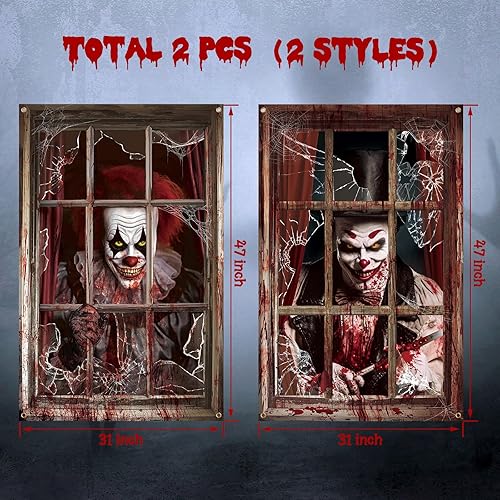 Miniatura 2 de Newwiee - 2 cortinas de Halloween aterradoras con silueta para ventana, decoración, póster temático para interiores y exteriores, fiestas, paredes
