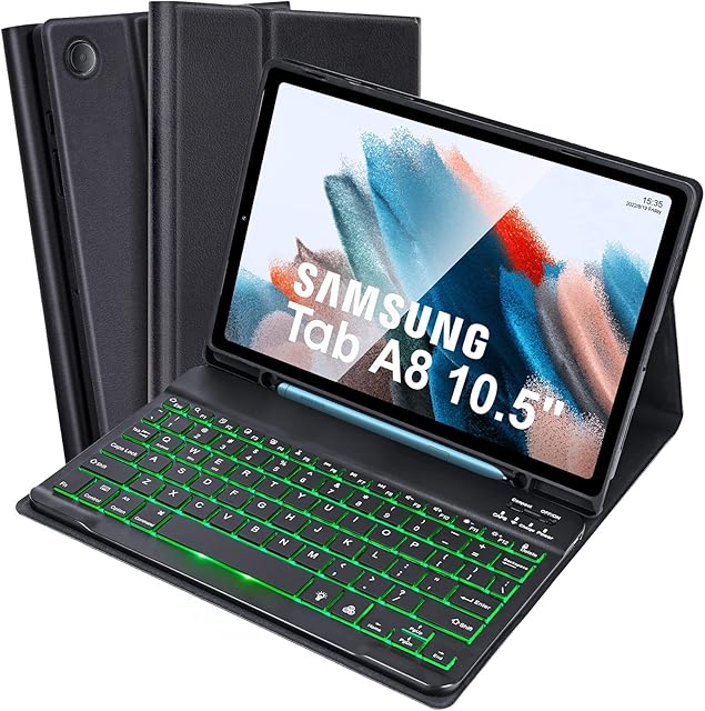 SOPPY Samsung Galaxy Tab A8 Tablet Case with Backlit Keyboard, UK Layout, Built-in S Pen Holder, Slim Cover with Detachable Keyboard for Samsung Galaxy Tab A8 10.5" 2021 (SM-X200/ X205 /X207), Black