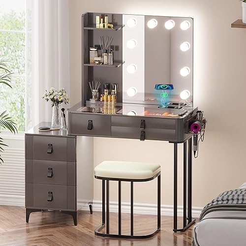 Gurexl Juego de tocador de maquillaje con espejo, tocador de maquillaje moderno con parte superior de vidrio y 10 bombillas, juego de tocador con