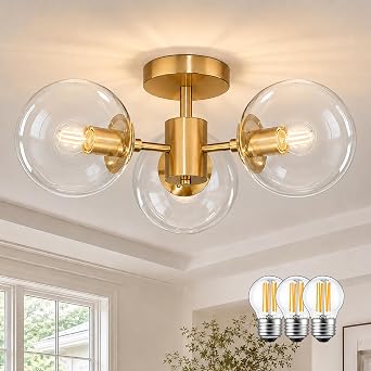 Bagood Mid Century 3-Light Clear Globe Glass Gold Chandelier 19 Inch Modern Brass Semi Flush Mount Ceiling Lights Modern Light Fixtures Ceiling Lights Fixture for Bedroom Living Room Hallway Entryway
