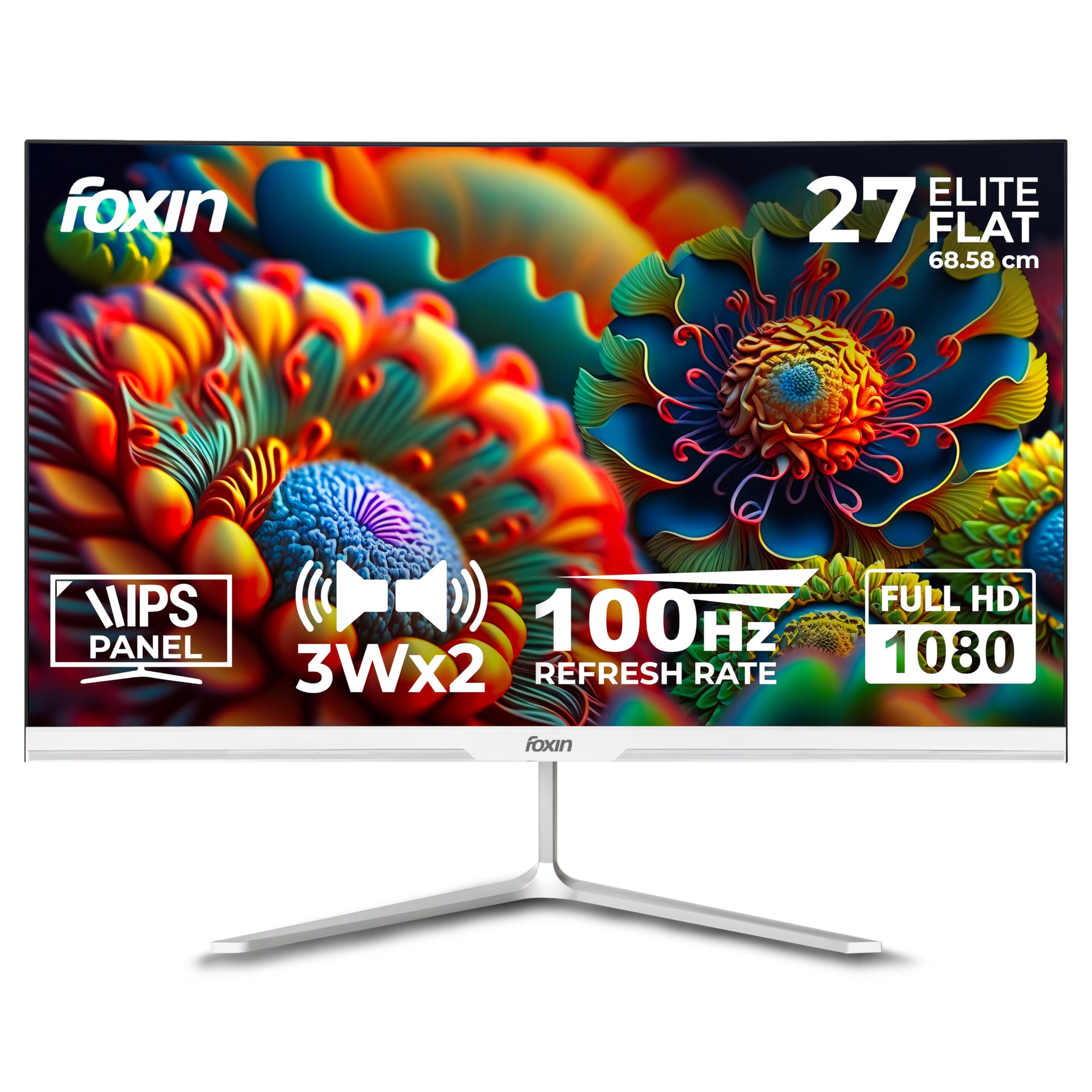 Foxin Elite 27 Inch FHD Flat LED Monitor, IPS Panel, 100Hz, 1ms, HDMI & VGA, sRGB, Anti-Glare, Flicker-Free, Frameless, Slim, Wall Mountable | White