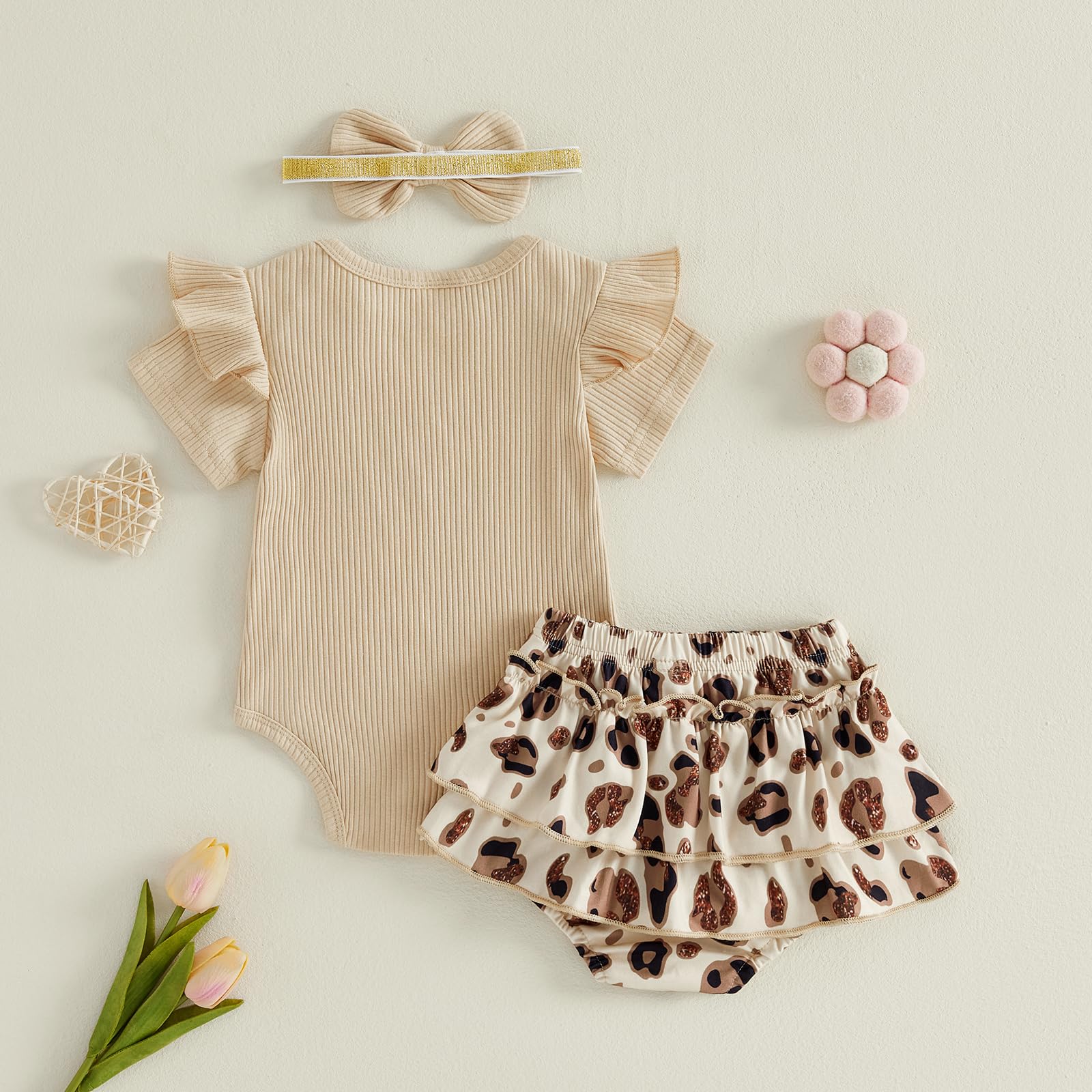 Ensemble Vêtement Bébé Fille Eté 3 Pcs Body à Manches Courtes à Volant + Jupe Short Léopard à Taille Elastique Tenues