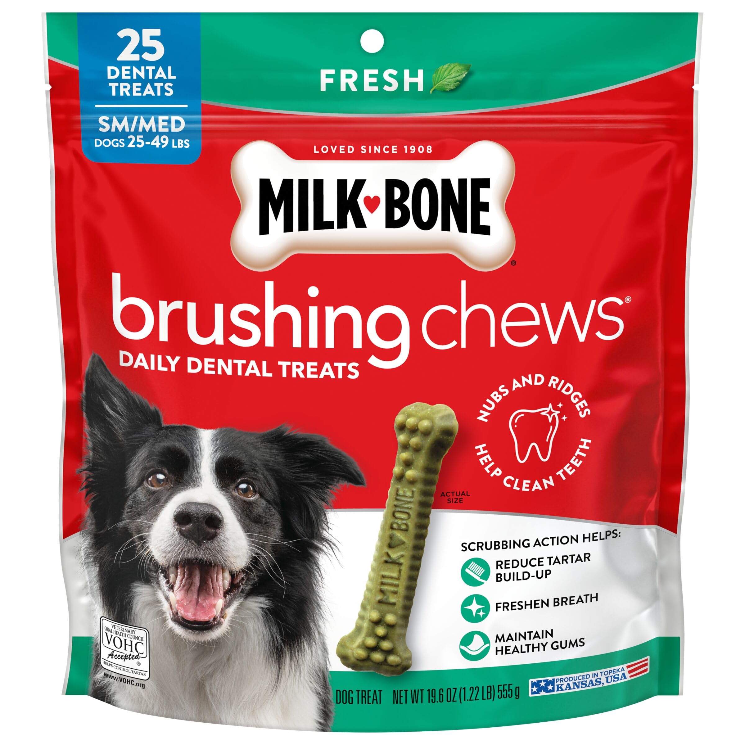 Milk-Bone Brushing Chews Daily Dental Dog Treats, Fresh Mint Flavor, Small/Medium, 25 Count