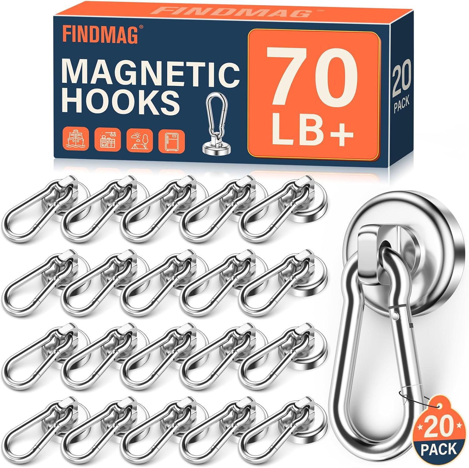 FINDMAG Magnetic Hooks with Swivel Carabiner, Neodymium Magnet Hooks for Hanging, Magnet with Hook for Kitchen, Office, Home, School - Silver, 20 Pack
