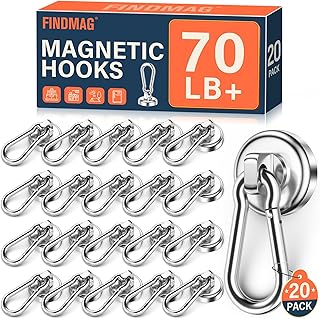 FINDMAG Magnetic Hooks with Swivel Carabiner, Neodymium Magnet Hooks for Hanging, Magnet with Hook for Kitchen, Office, Home, School - Silver, 20 Pack