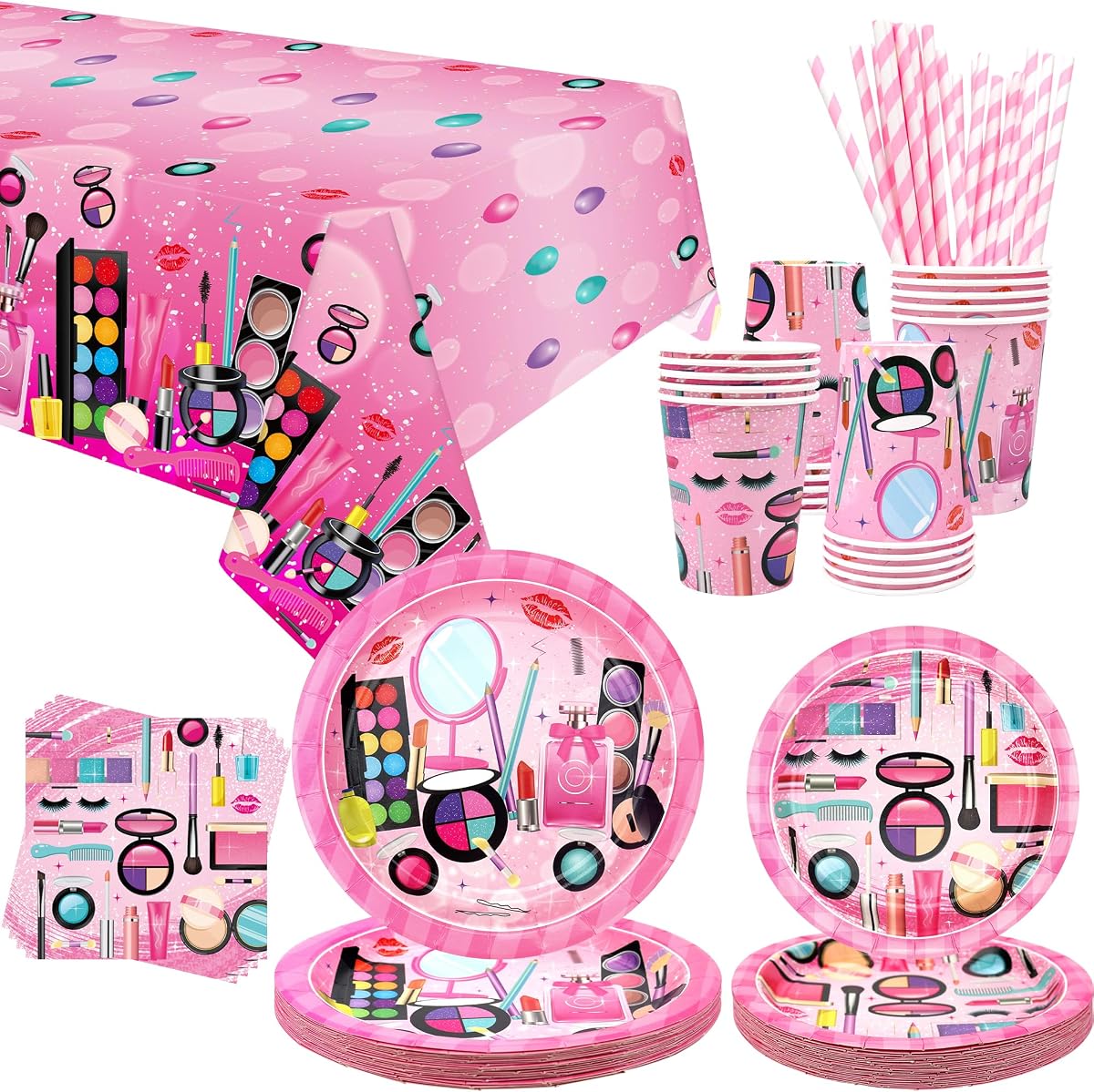 Spa Party Supplies - Makeup Theme Party Tableware - Dinner Plates Desserts Plates Cups Napkins Spa Makeup Tablecover Straws for Girls Women Slumber Pamper Spa Birthday Party Decoration, Serves 20 (20)