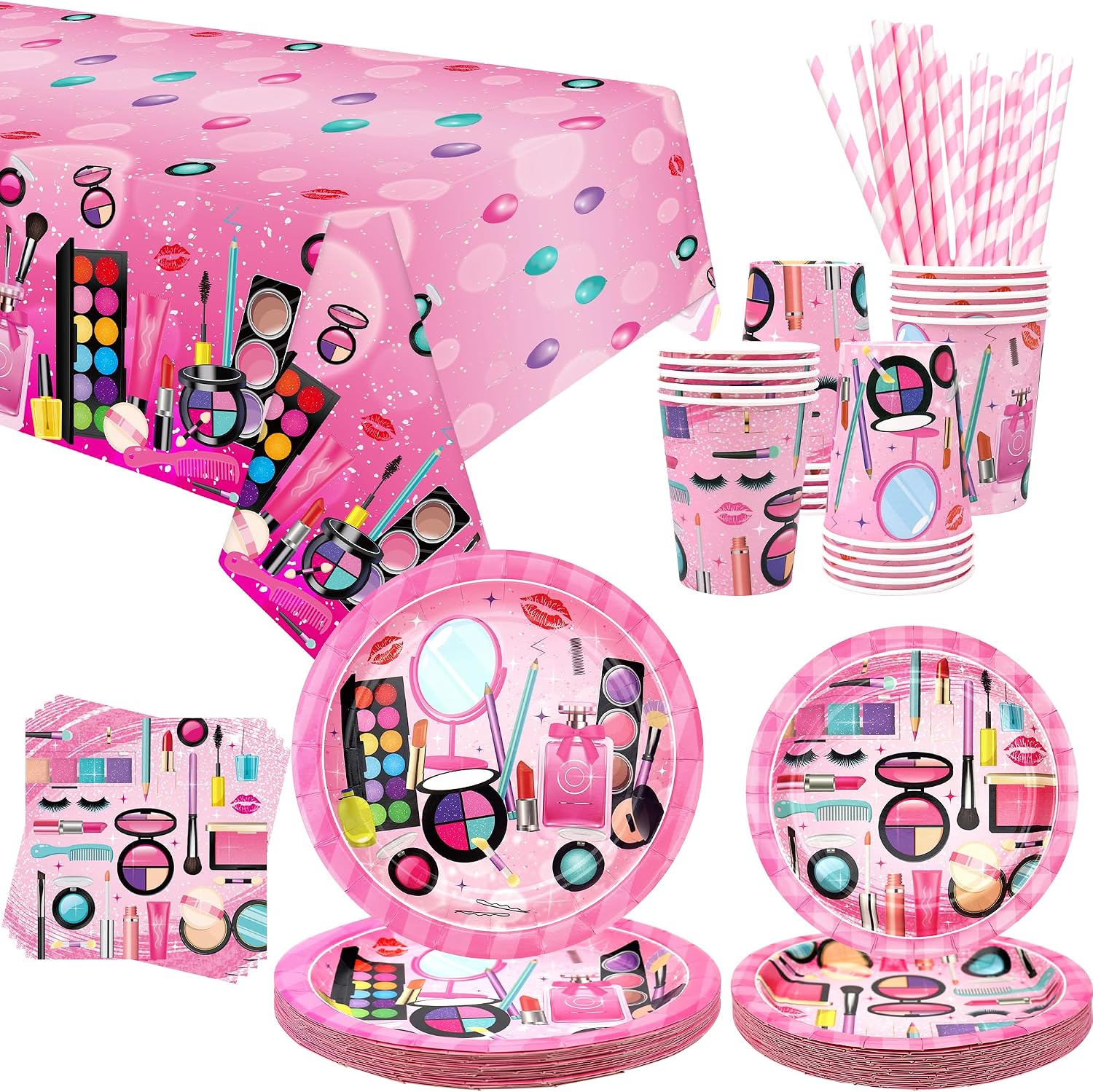 Spa Party Supplies - Makeup Theme Party Tableware - Dinner Plates Desserts Plates Cups Napkins Spa Makeup Tablecover Straws for Girls Women Slumber Pamper Spa Birthday Party Decoration, Serves 20 (20)