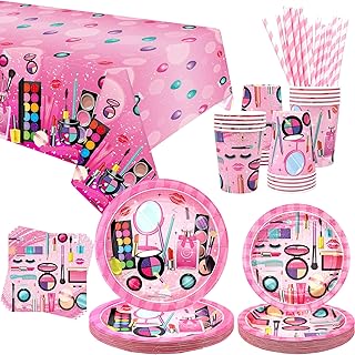 Spa Party Supplies - Makeup Theme Party Tableware - Dinner Plates Desserts Plates Cups Napkins Spa Makeup Tablecover Straws for Girls Women Slumber Pamper Spa Birthday Party Decoration, Serves 20 (20)