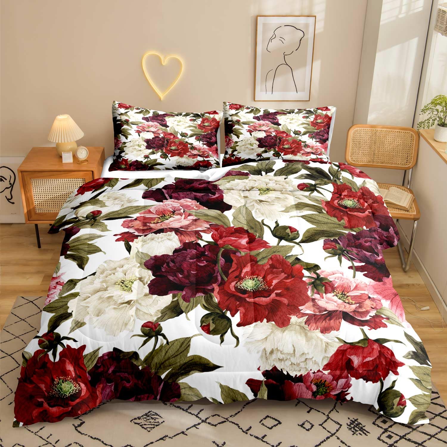 LUVIVIHOME 3PCS Vintage Style Floral Comforter Set King Size, Red Pink Burgundy Flower Leaves Retro Rustic Farmhouse Bedroom Decor for Women Girls, Shabby Chic Bedding White Quilt, 2 Pillow Shams