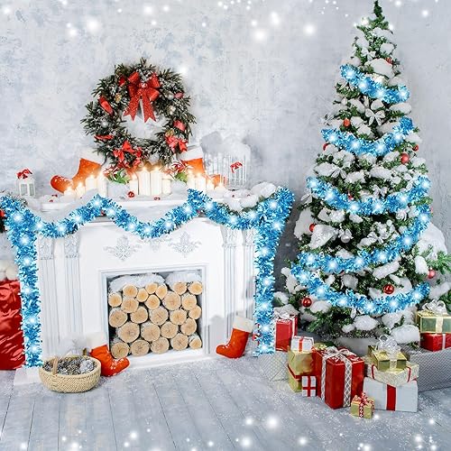 Miniatura 45 de Kingdder Guirnalda de oropel de Navidad de 16.4 pies iluminada metálica para decoración de árbol, funciona con pilas, 50 luces LED, guirnalda