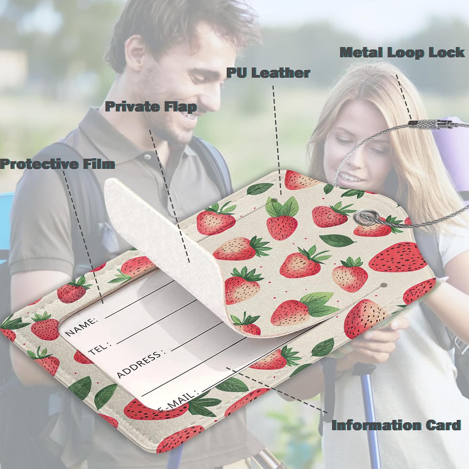 Luggage Tags for Suitcases Durable Leather Luggage Tags Cute Travel Name Tags for Cruise Ships Travel Essentials 3 Pack (Strawberry) image 3
