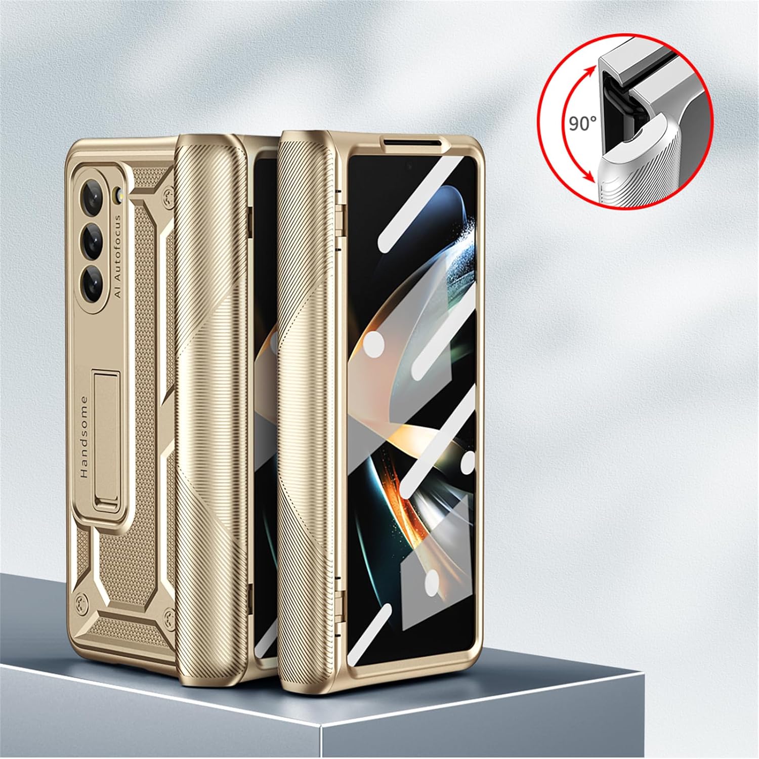 Galaxy Z Fold 5 Case, Full Protection Hinge Protection Cover for Samsung Galaxy Z Fold 5 2023, with Screen Protector and Kickstand (Gold)