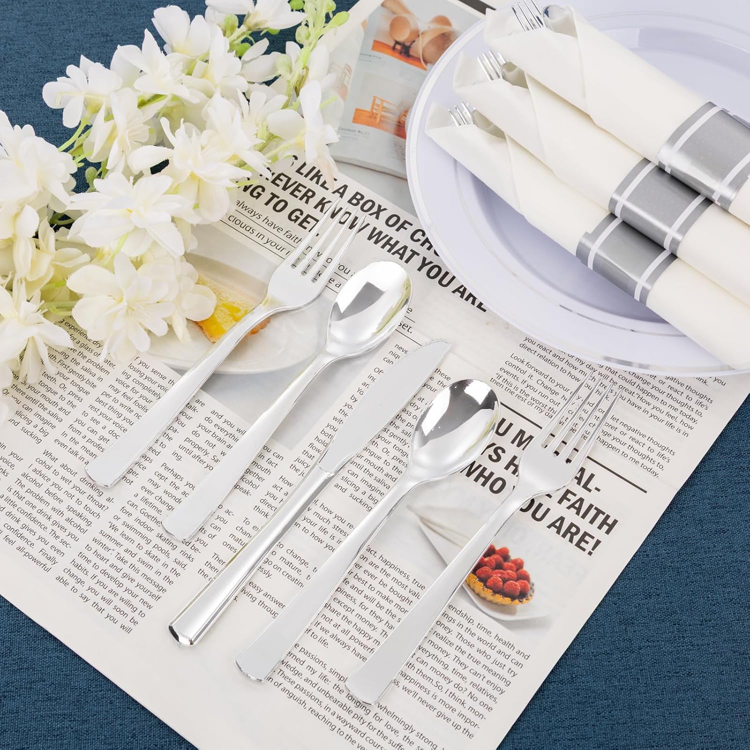 EI 60Pack Pre Rolled Silver Plastic Silverware Disposable Rolled Cutlery with Napkins,Sliver Plastic Wrapped Silverware Disposable Heavy Duty Perfect for Tea Party,Wedding,Spring,Valentine's Day