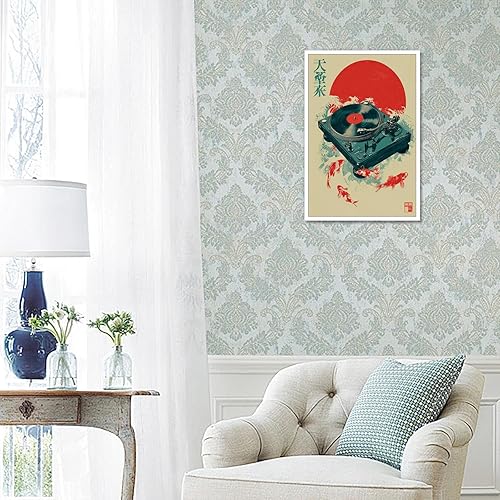 Miniatura 6 de Bizabud Póster de vinilo retro para tocadiscos de música japonesa, arte de pared asiático, Ukiyo-e Koi, peces que nadan, inspiradas en zen, pintura
