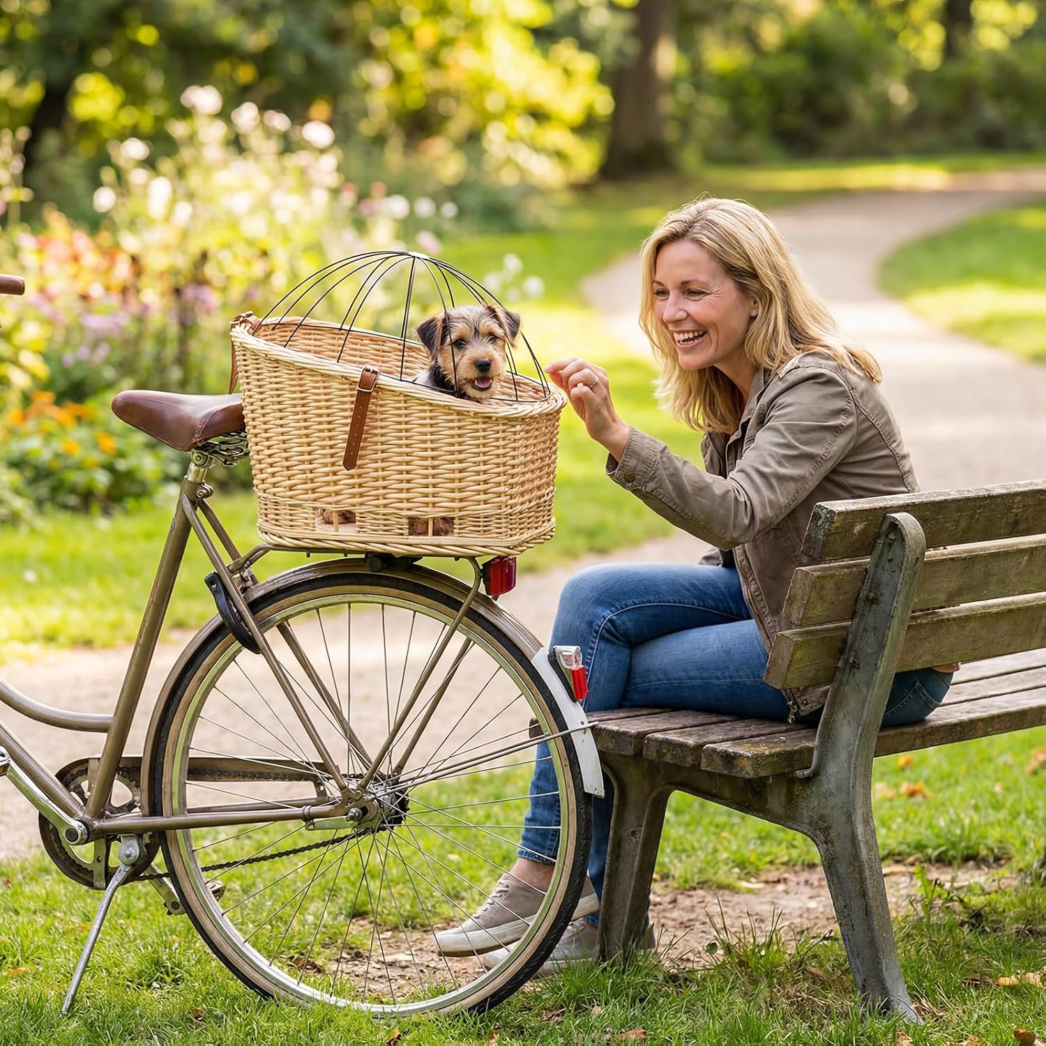 Geetery Wicker Dog Bike Basket with Protective Grille Liner Natural Wicker Doggy Basket for Cats Dogs Pets for Secure Bicycle Rear Luggage Rack