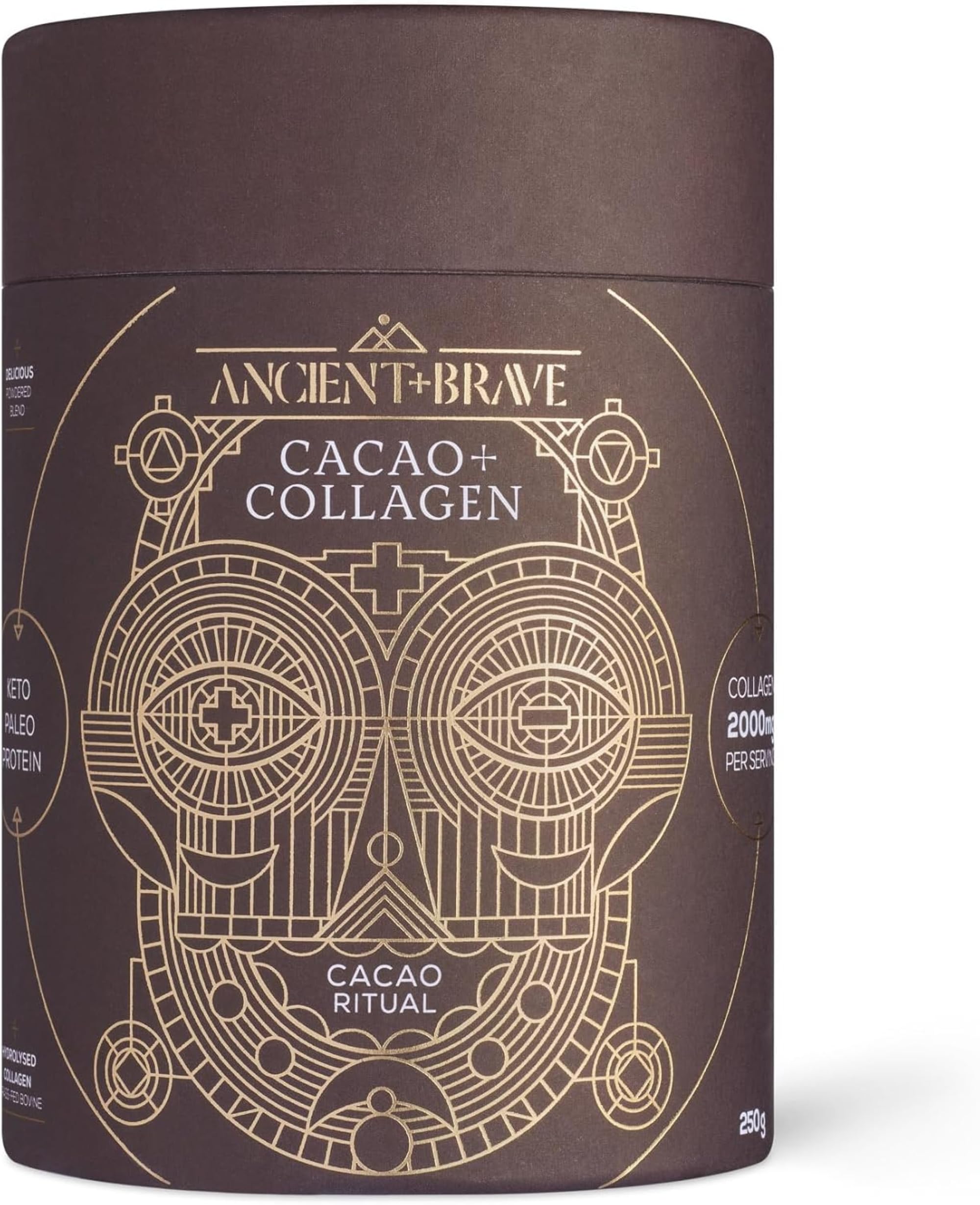 Ancient + Brave - Cacao + Collagen Powder 250g - Peruvian Raw Cacao Hot Chocolate with Hydrolysed Bovine Collagen - Premium Blend of Organic Cocoa, Ashwagandha & Baobab - High Protein, Keto