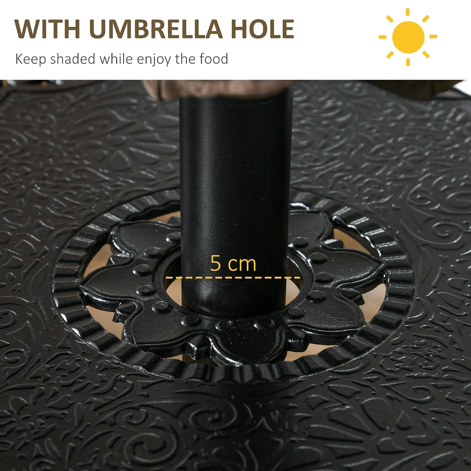 Outsunny 4 Seater Outdoor Dining Set Antique Cast Aluminium Garden Furniture Set with Cushions Round Dining Table with Parasol Hole, Black - Image 4