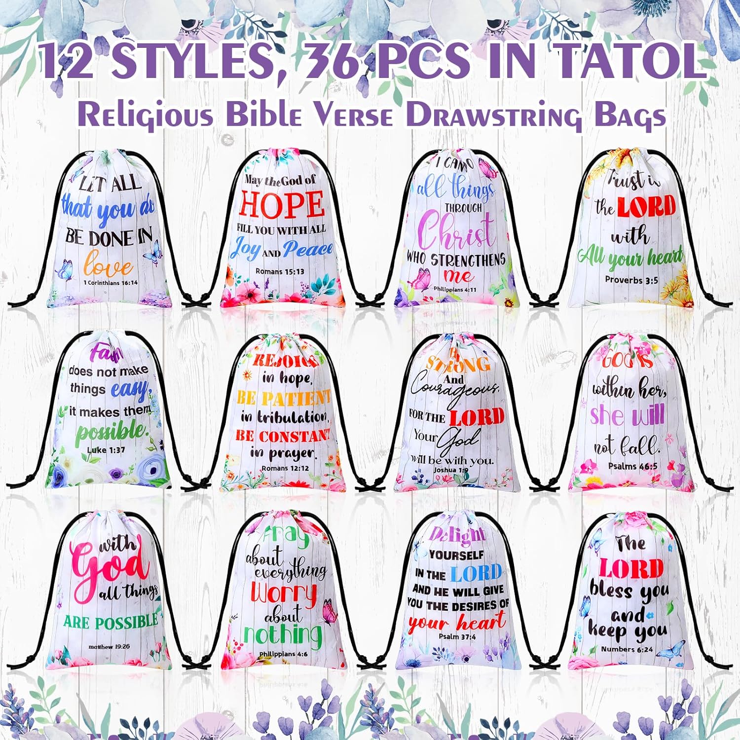 Aliceset 36 Pcs Religious Bible Verse Drawstring Bags Drawstring Gift Bags Bulk Christian Floral Wood Grain Pouches for Mothers Day Church