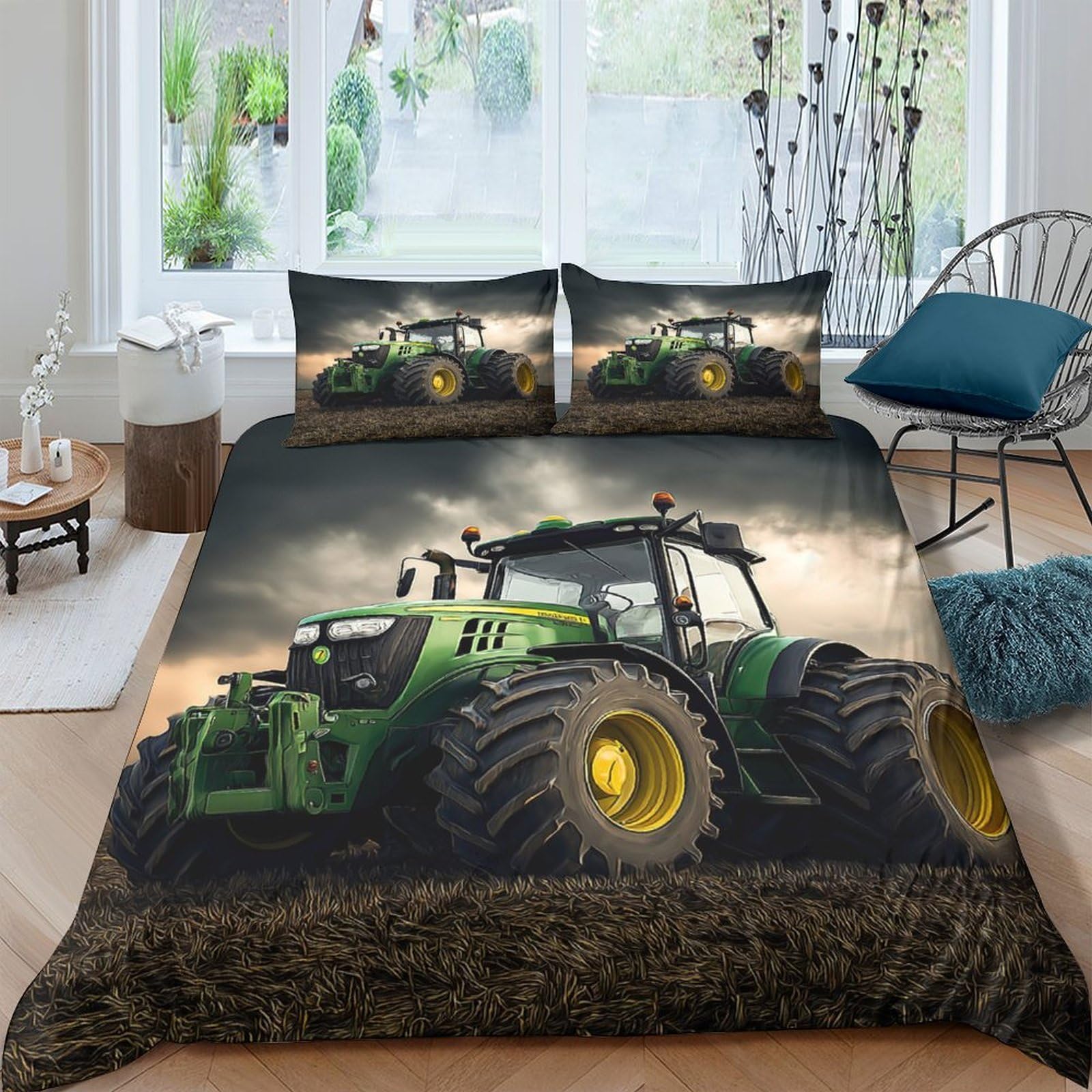 Ctjqhvkz Style-5 3D Printed Green Tractor Fitted Sheet Microfiber Soft Farm Field Bed Cover Anti-Slip Machine Washable Bedroom Decor Single（135X200cm）