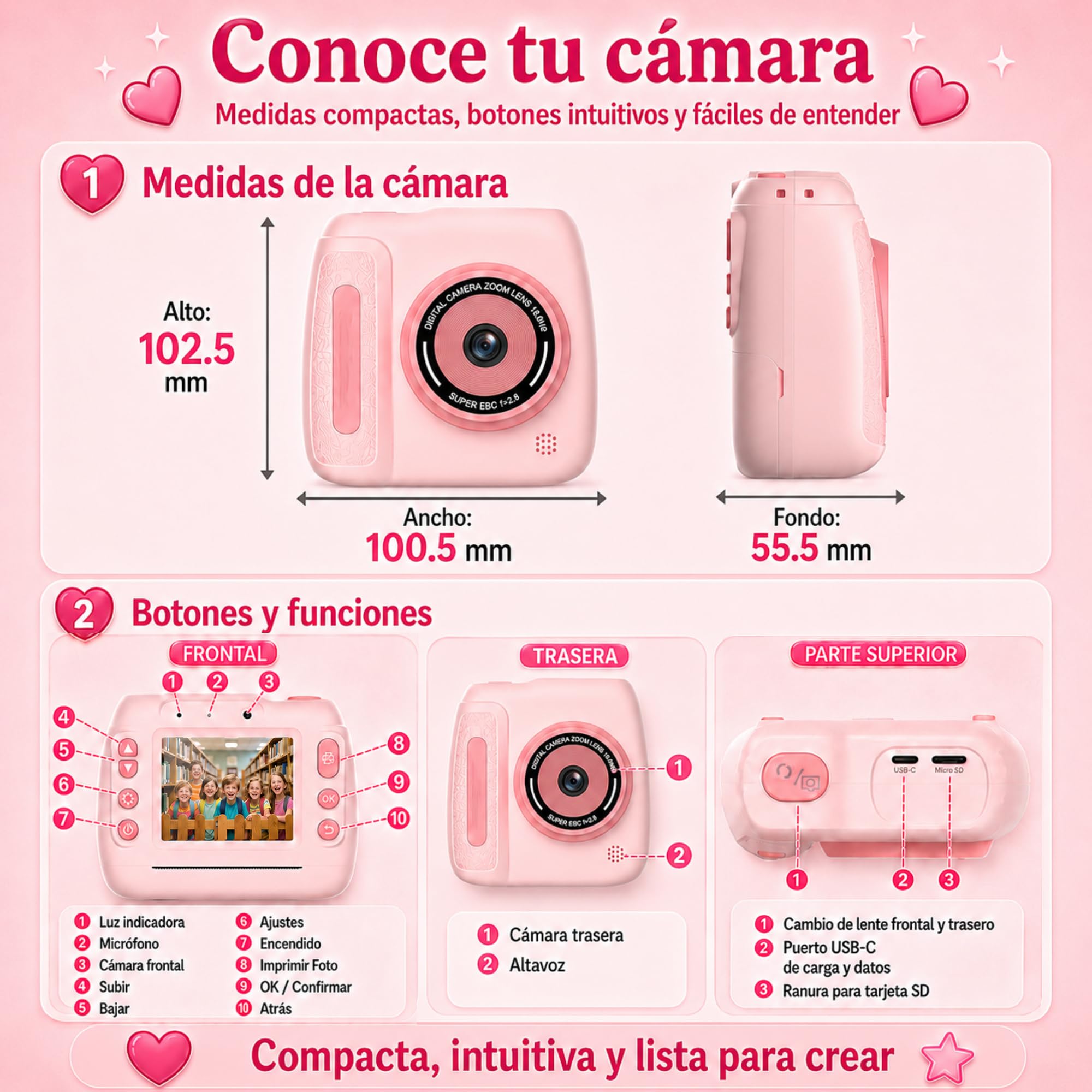 Cámara Fotos Infantil Instantánea para Niños y Niñas 3-12 Años - Imprime +50 Fotos Seguidas sin Sobrecalentarse - Graba Vídeo - Sin Juegos - SD 32GB + 5 Rollos Térmicos - Caja Regalo Premium