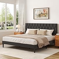 Vista 9 de Marco de cama tamaño completo con cabecera capitonada de diamante, cama plataforma tapizada en terciopelo y soporte de listones de madera, sin Beige