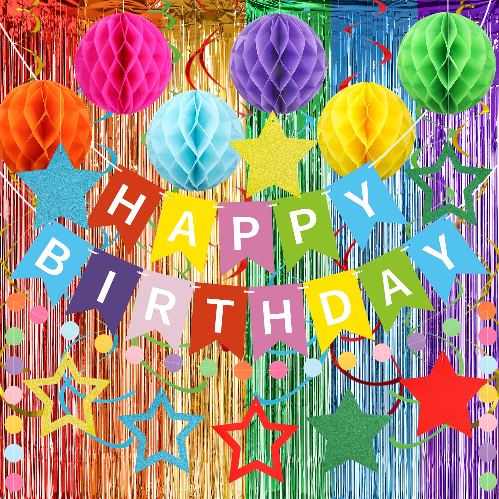 Leuke verjaardagsdecoratieset, verjaardagsbanner, foliegordijnen, honingraatballen en feestaccessoires, meerkleurige verjaardagsdecoratie, voor jongens/meisjes, kinderverjaardag, eenvoudige montage