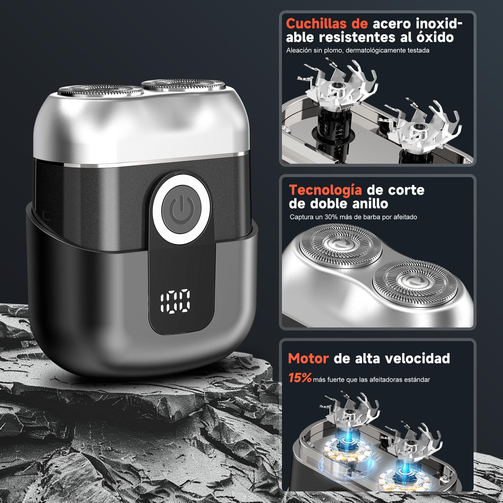 Mini Afeitadora Electrica para Hombres con Pantalla LED, Impermeable IPX6, Portátil Silenciosa y Lavable, Gris