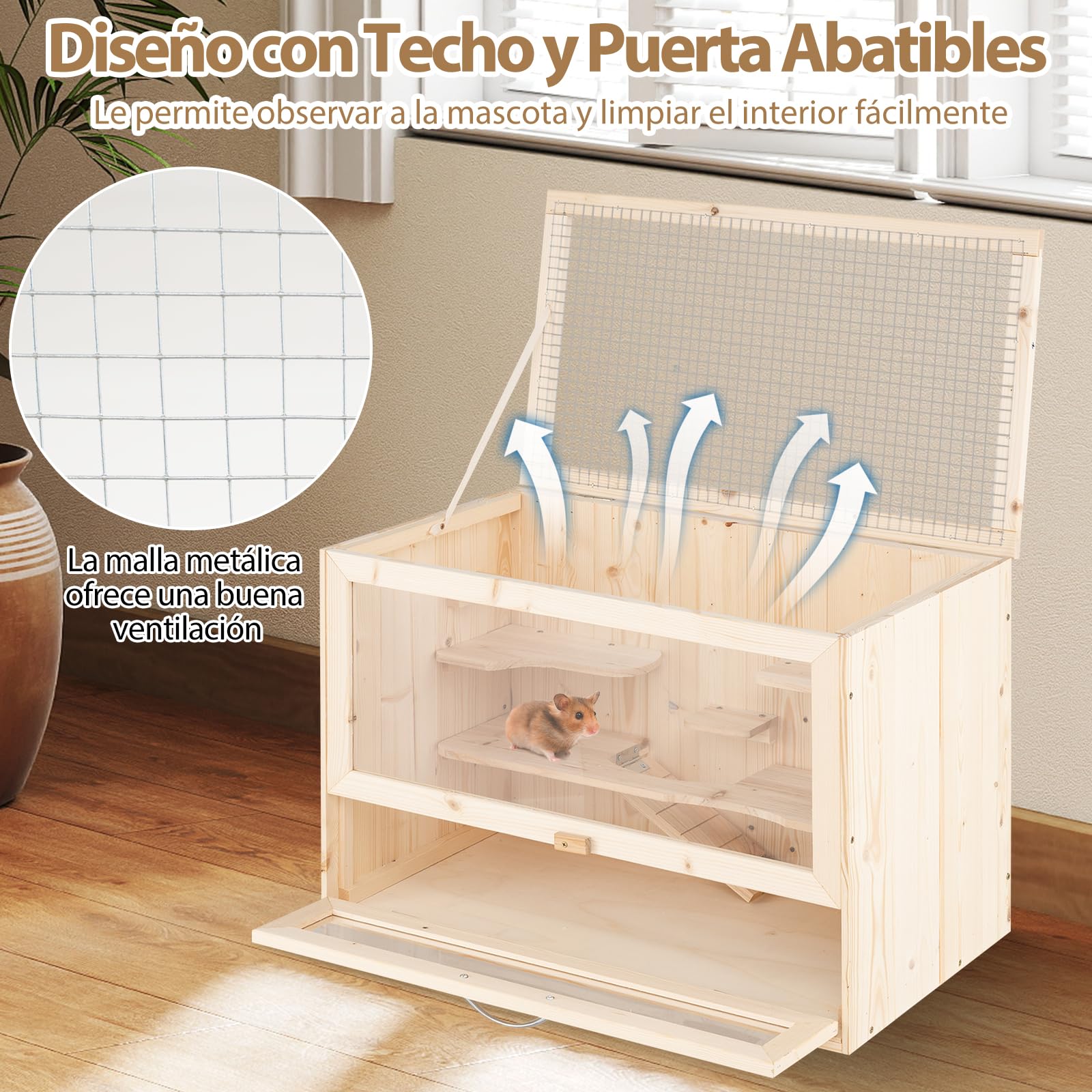 GYMAX Jaula de Madera para Hámster, Casa para Hámster con Techo Abatible de Malla, Paneles de Acrílico Transparente, Múltiples Niveles y Zonas de Juego, para Mascotas, 60 x 35,5 x 42 cm