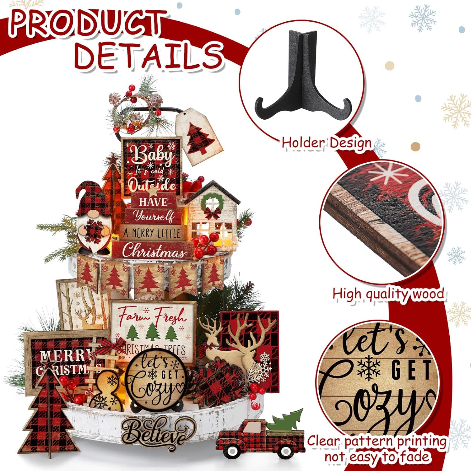 Shellwei 24 Pcs Christmas Tiered Tray Decor Wood Rustic Christmas Decoration for Home Table Shelf Winter Farmhouse Decor Xmas Trees Gnome Elk Snowflake Signs (Buffalo Plaid) - Image 5