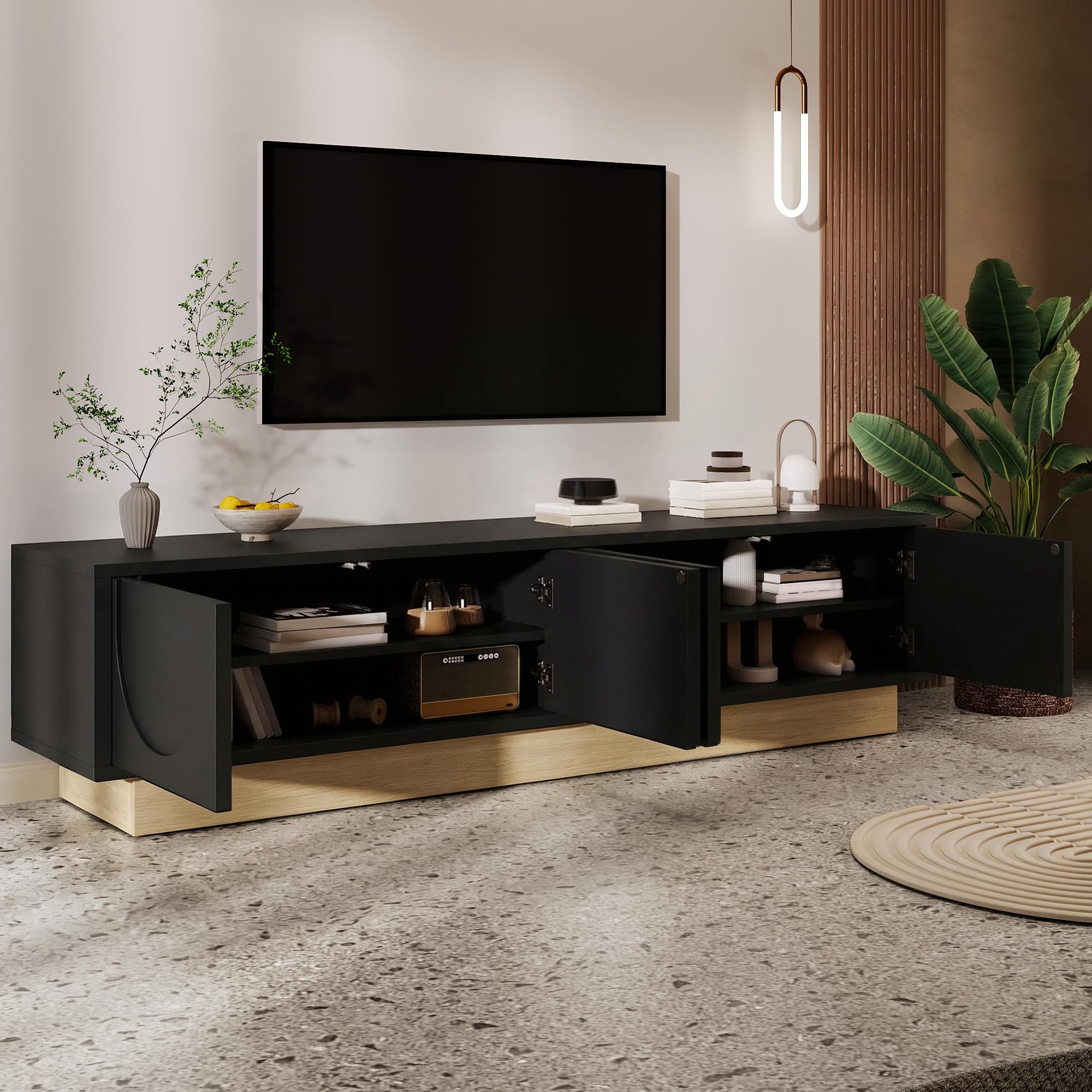 Supporto per TV, design curvo, lunghezza 175 cm, con venature del | Mobile TV con 4 ante per la gestione dei cavi, mobile TV per soggiorno, mobile TV senza maniglia