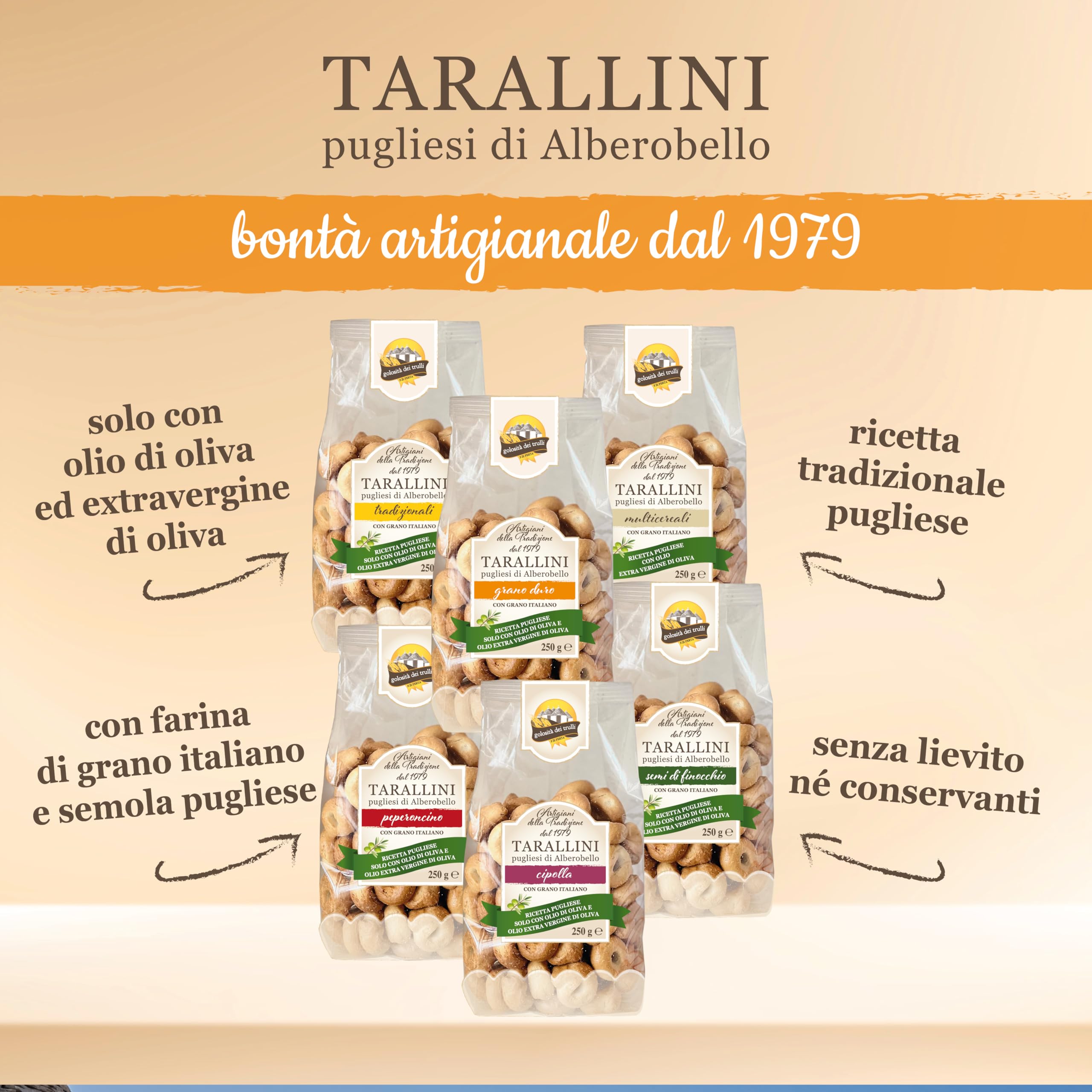 Golosità dei Trulli | Taralli Pugliesi con Olio Extravergine di Oliva, 6 Confezioni da 250 gr | Tarallini per Aperitivo, Snack Salati | Gusti Assortiti