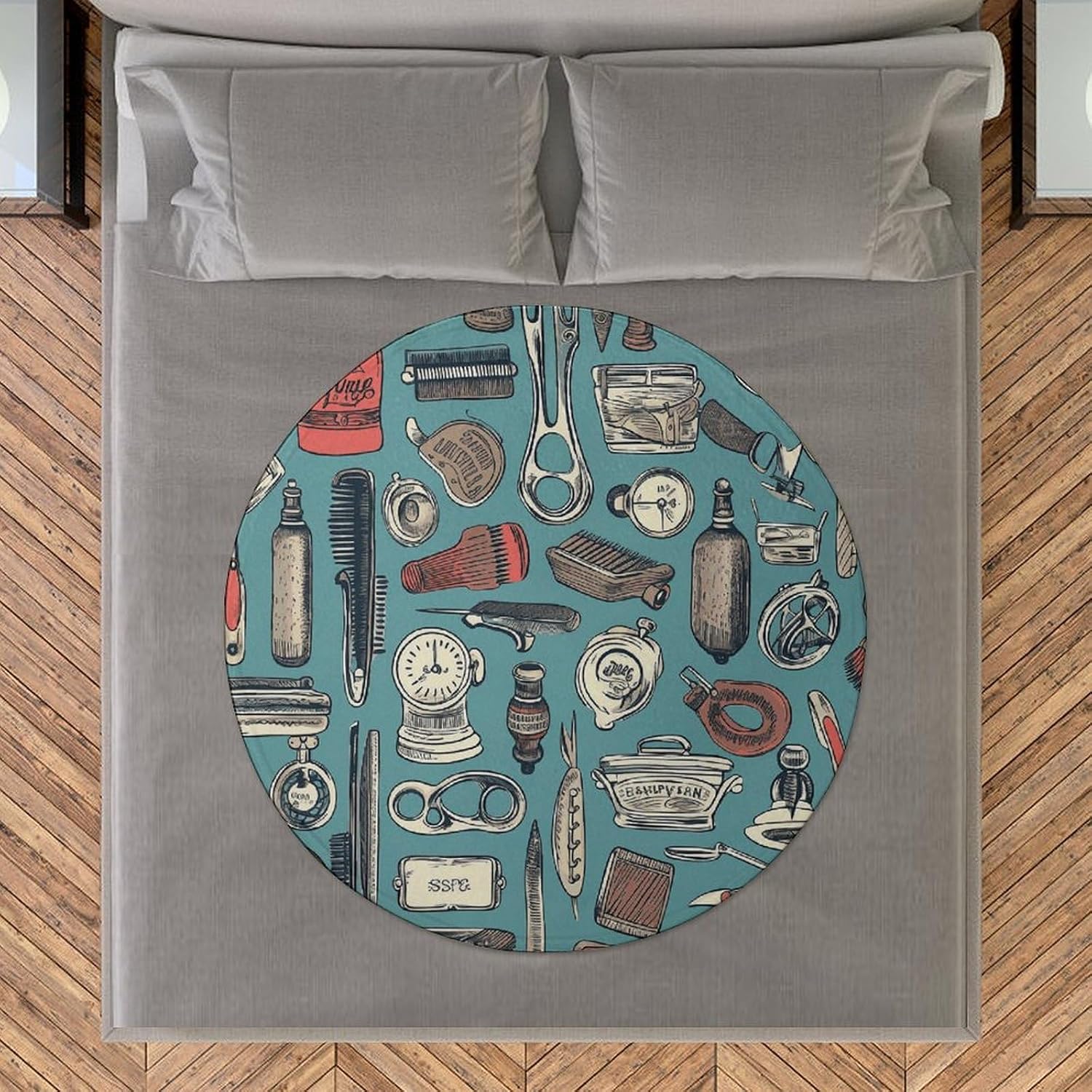 Barber Shop Blanket Round Beach Tapestry Flannel Round Tablecloth Boho Beach Blanket Home Decor Indie Rug Comfortable Yoga Mat for Multi Scenario Usage