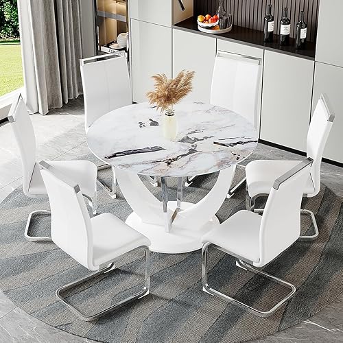 Miniatura 22 de JUFU Juego de mesa redonda de comedor para 6 con sillas, juego de mesa y sillas de 48" compuesto por 6 piezas con superficie de mármol y asiento