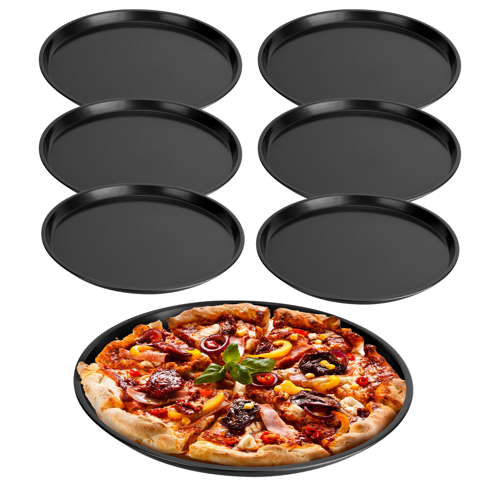 Paquete de 6 bandejas antiadherentes para pizza, bandeja redonda de horno de pizza de 12 pulgadas, bandeja de acero al carbono resistente para hornear pizza para hacer pizza (negro)