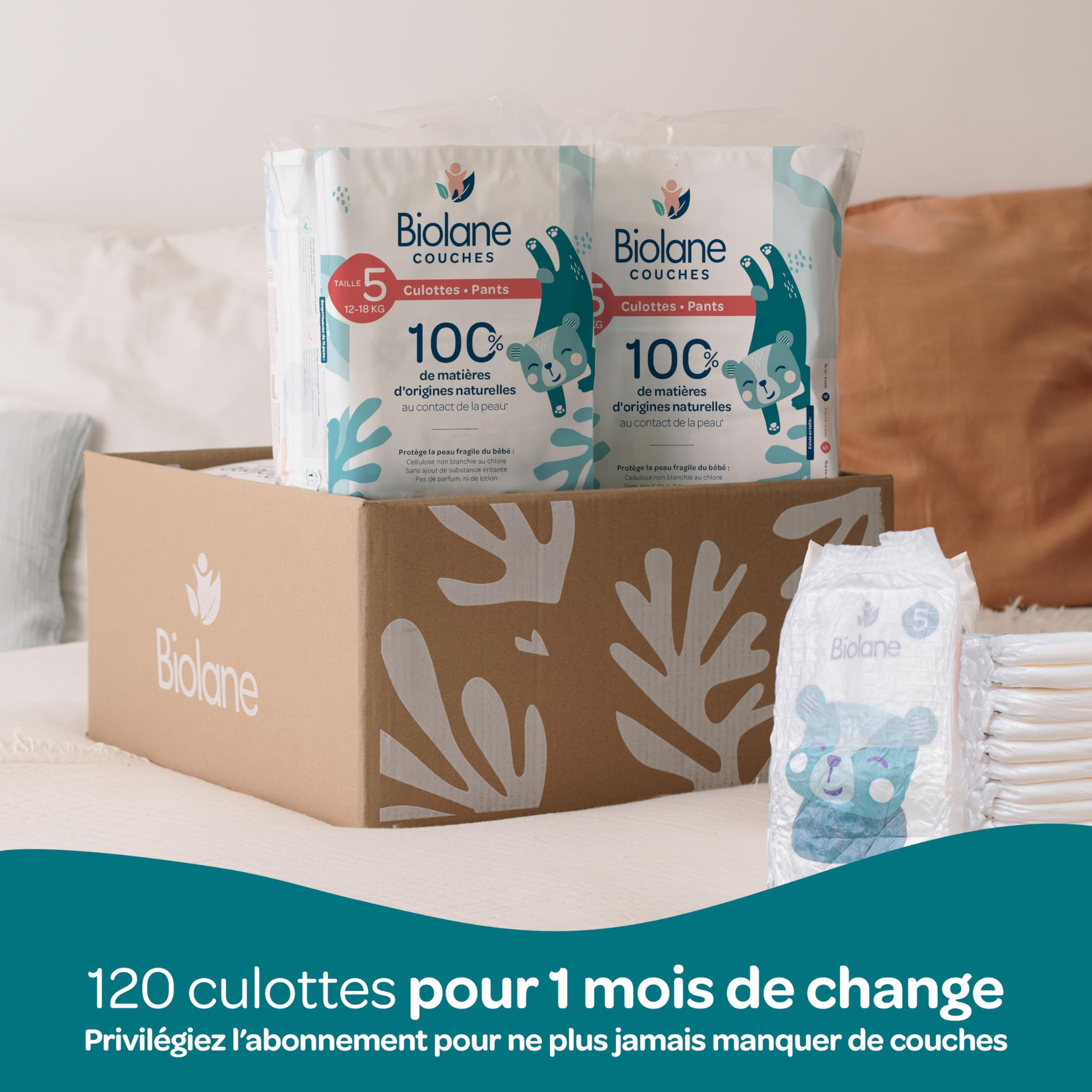 BIOLANE - Couches culottes - Taille 5 (12-18kg) - Zéro fuite pendant 12h - Pack 1 mois - 120 Couches Pants - Fabriquées en France - 5