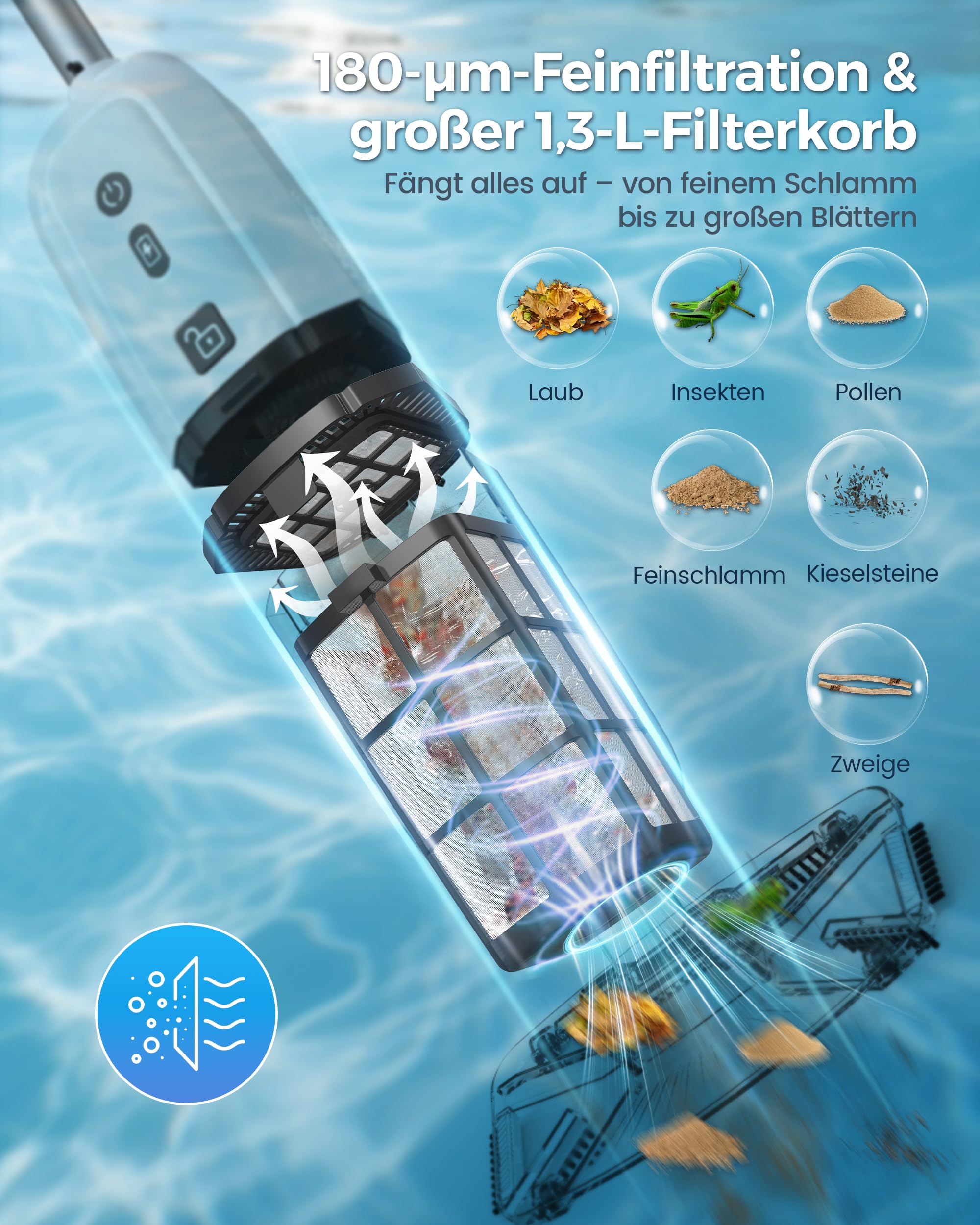2026 Upgrade Poolsauger Akku,Pool Handsauger Mit Betriebsdauer Bis Zu 70 Minuten, 250cm Verlängerungsstangen,Poolreiniger Mit 180μm Filter,Ideal für Aufstellpool & Einbaupool, Spas, Whirlpools, Weiß
