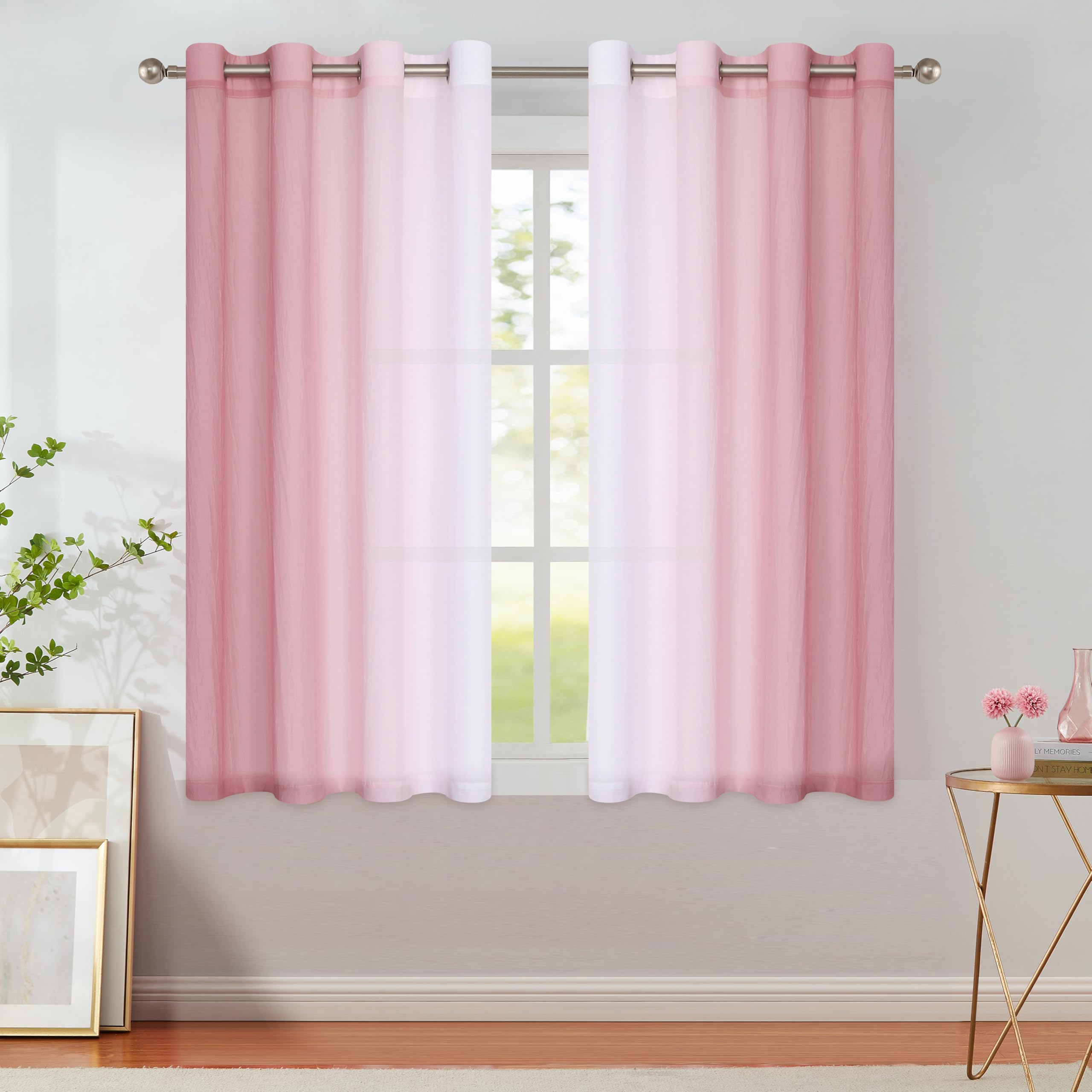 Purainbow Ombre Sheer Curtains Pink 54 Inches Length for Bedroom Living Room, Chiffon Crinkle Semi Sheer Short Curtain Panels Light Filtering Not See
