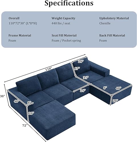 Miniatura 2 de Sofá modular de estilo minimalista, sofá de nube de tela de chenilla de lujo con otomana móvil, sofá cama para sala de estar, no requiere montaje,