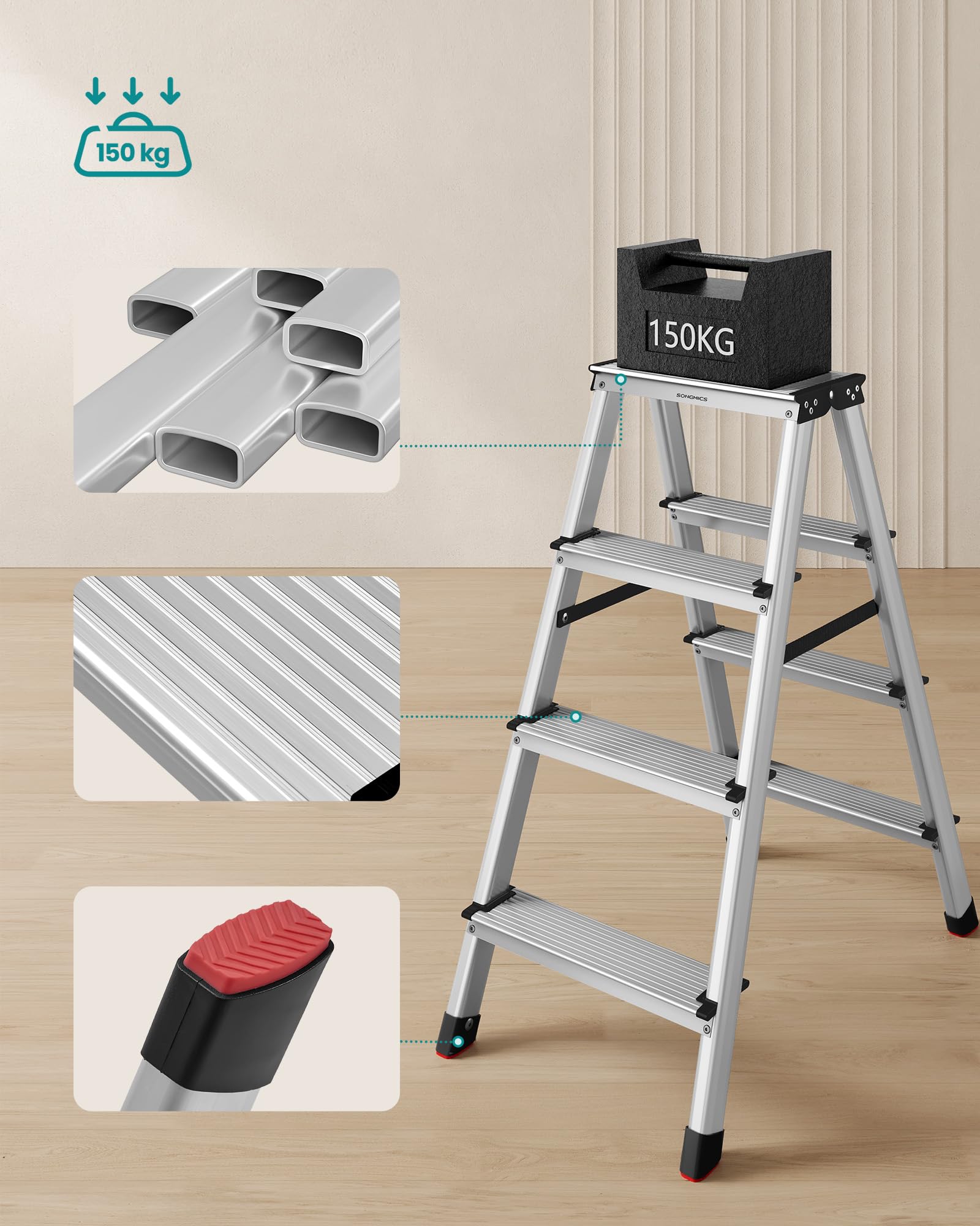 SONGMICS Drabina, schody, drabina aluminiowa z 4 antypoślizgowymi stopniami, składana, schody, drabina wielofunkcyjna, nośność do 150 kg, srebrno-szary atrament czarny GLT014E01