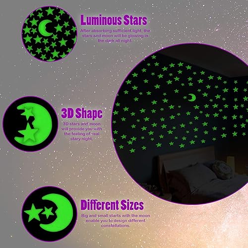 Miniatura 5 de Juego de 201 estrellas ultra brillantes en la oscuridad con calcomanías de luna grande, luminosas de diferentes tamaños, estrellas fluorescentes,