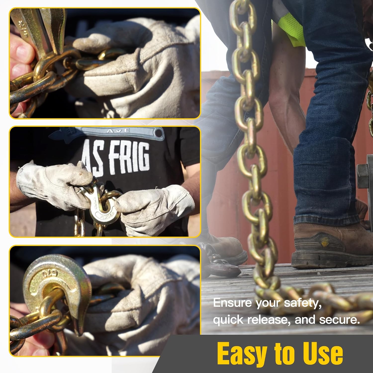 1/4"" Clevis Grab Hooks (4 Pack) Heavy Duty Chain Hook for 1/4 Inch Grade 70 Chain Forged Alloy Steel- for Trailer Truck Transport - Yellow Chromate Finish - 3,600 lbs - Image 4