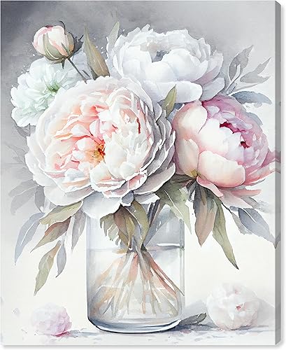 Wynwood Studio Arte en lienzo tradicional envuelto floral y botánico, florero de peonía, arte de pared para sala de estar, dormitorio y baño, 20 x